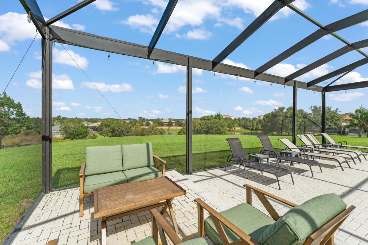 Pool loungers and seating area